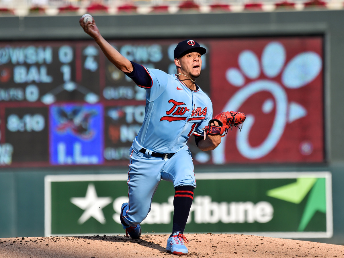 Jul 24, 2021; Minneapolis, Minnesota, USA; Minnesota Twins starting pitcher Jose Berrios (17) throws a pitch against the Los Angeles Angels during the first inning at Target Field.